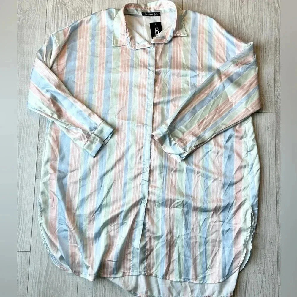NWT Boohoo Satin Like Striped Shirt Dress Size 14
